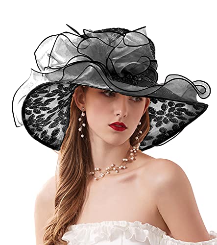 ORIDOOR Women’s Organza Church Tea Party Wedding Fascinator Derby Hat Wide Brim Sun Hats - color: A-black