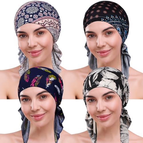 4 Pieces Chemo Headwear for Women, Pre-Tied Head Scarf Cancer Headwear for Hair Loss - color: Multicolor-1