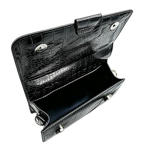 Small Crossbody Purse Bag for Women，Y2K Cute Metallic Croc-Embossed Handbag with Chain Strap - color: Medium Black（fit Your Phone）