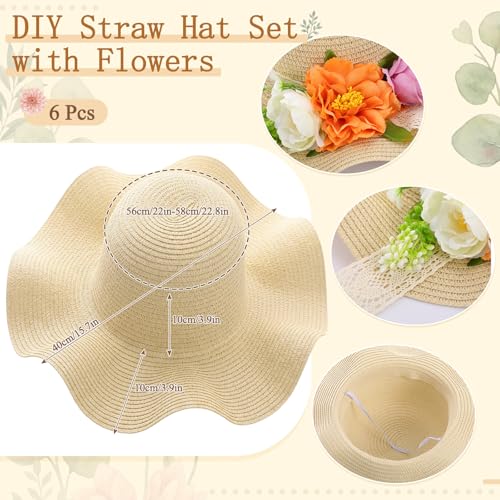 6 Sets DIY Tea Party Straw Hats Kit DIY Straw Hat for Women Blank Sun Hats - style: Wildflower Meadow