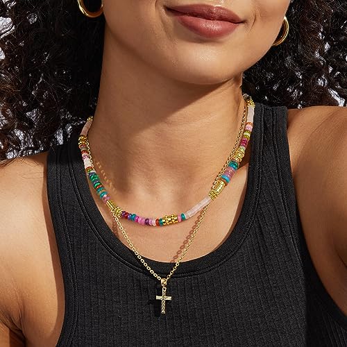 KissYan Boho Beaded Choker Necklace for Women, Gemstone Choker Natural Stone Freshwater Pearl Surfer Necklaces 14K Gold Plated Summer Beach Handmade Jewelry - color: C-Colorful