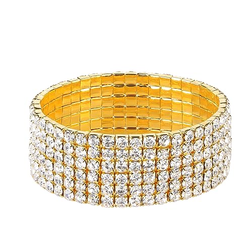 Zealmer Sparkle Multicolor Rhinestone Stackable Stretch Bracelets for Women - color: 6 Row Gold Bracelet