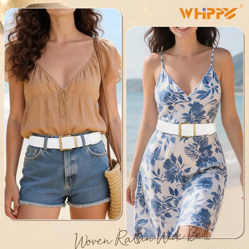 WHIPPY Women Wide Woven Belt Fashion Boho Rattan Braided Belt with Gold Buckle Raffia Straw Woven Waistband for Dresses - color: White, size: Fit Waist Size 35"-39"