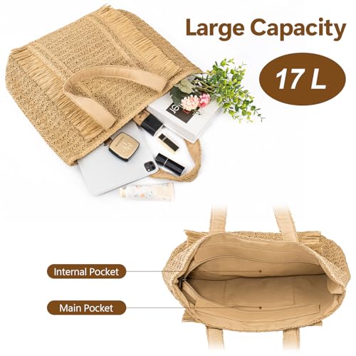 Peicees Straw Woven Bag for Women- Beach Tote Purse with Leak-Proof Lining Summer Travel Vacation Boho Shoulder Bag Large 17L - color: Khaki
