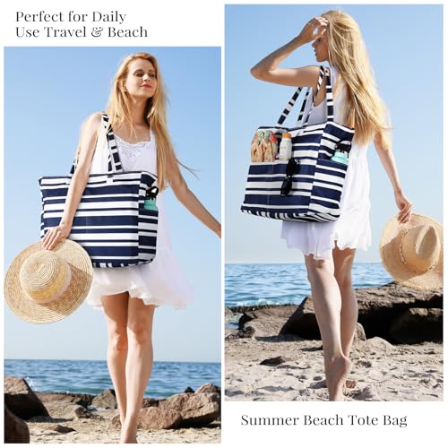Trifabricy Beach Bags for Women Waterproof Sandproof Women Tote Bag, Large Beach Bag with Zipper for Gym Travel Vocation - color: Navy Blue