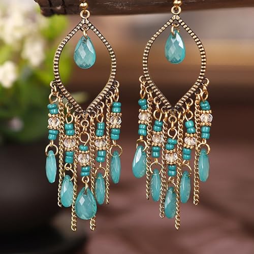 Clip on Tassel Dangle Earrings for Boho Women, Non Pierced, Colorful Feather Handmade Beads Fashion Vintage Fringe Jewelry for Parties Weddings Festivals Trendy Statement Earrings for Bohemian - color: Green B