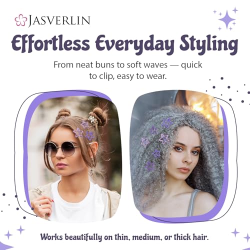 JASVERLIN 36 Pcs Star Hair Clips, Y2k Cute Snap Barrettes for Women Thin Thick Hair, Colorful Kawaii Girls Rave Accessories Glitter Non Slip Metal Hairclips Assorted Sizes (Purple) - color: Purple
