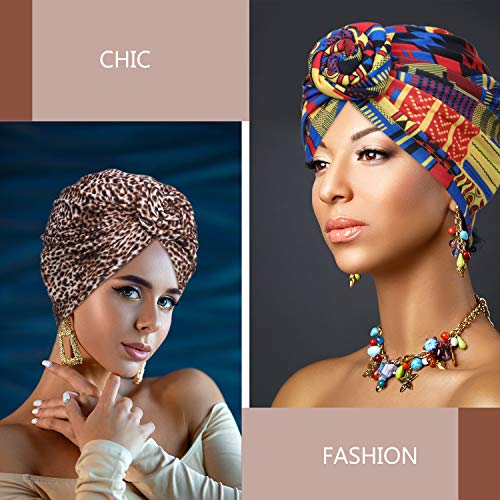 SATINIOR 4 Pieces African Pattern Headwrap Pre-Tied Bonnet Turban Knot Beanie Cap Headwrap Hat - style: Geometry Leopard Coffee Style