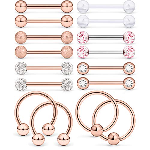 16Pcs Nipple Piercing Jewelry 14G Surgical Steel Nipple Rings Hoop Rings Retainer Piercing Jewelry for Women Men 14MM (9/16 Inch) - color: D:8 pairs/rose gold