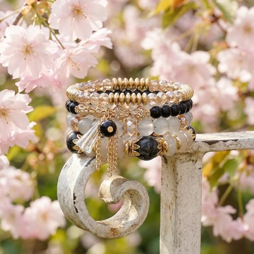 Bohemian Bracelet Sets for Women - 4-Pack Stackable Stretch Bead Bracelets with Black＆White Crystal & Gold Accessories, Multi-Layer Boho Jewelry - color: black