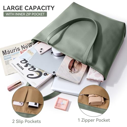 WLLWOO Soft Vegan Leather Tote Bag for Women Large Casual Hobo Handbags Zipper Shoulder Work Daily Weekender Travel Purse - color: Grey Green