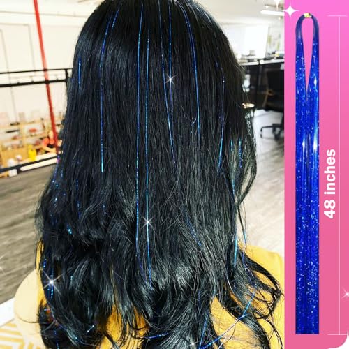 NIACONN Glitter Hair Tinsel Extensions Kit Blue with Tools and Beads, 48 Inch Sparkly Fairy Colorful Tensile Strands Shiny Hair Accessories for Women Girls Kids - color: Blue