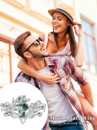 Natural Moss Agate Ring for Women 925 Sterling Silver Pear/Oval/Kite/Heart/Hexagon/Emerald/Coffin Cut Green Leaf Moss Agate Engagement Ring Promise Bridal Set Anniversary Birthday Jewelry Gifts - color: Coffin Cut Moss Agate