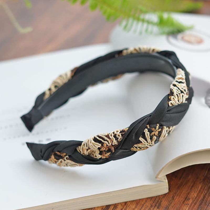 Braided Headband for Women-Vintage Fabric High Crown Headband with Non-Slip Teeth, Cute Boho Knotted Hair Band for Women & Teens (25-Black, One Size) - color: 25-Black