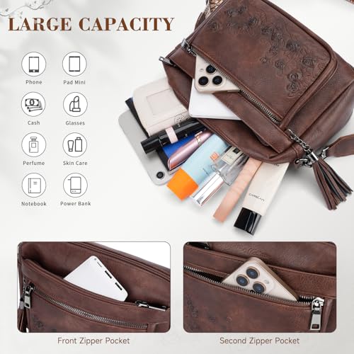 MEITRUE Crossbody Bags for Women, Vegan Leather Crossbody Purse Trendy Multi Pockets Shoulder Handbag with Tassel - color: 07-dark Espresso