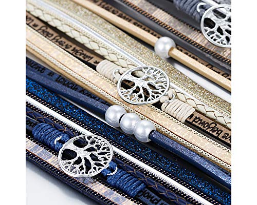 Fesciory Leather Wrap Bracelets for Women, Boho Leopard Multi-Layer Crystal Beads Cuff Bracelet Jewelry - color: B26:Tree of Life(Blue)