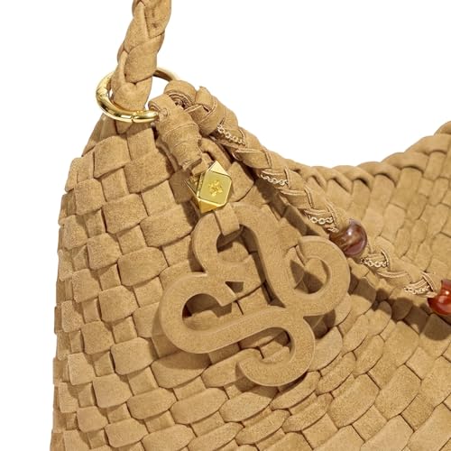 Premium Woven Shoulder crossboby Bag for Women, Slouchy Hobo Handbag with Braided Strap and Matching Zipper Pouch - color: Brown