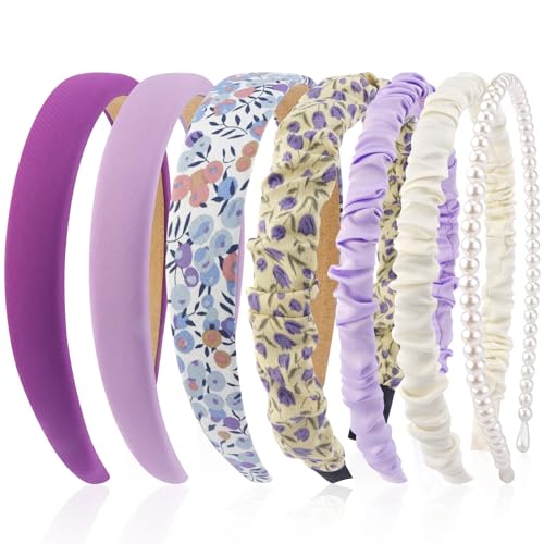 VELSCRUN 7 Pcs Different Headbands for Women Fashion Purple Solid Head Bands Pearl Headband Non Slip Hair Band for Womens Thin Thick Short Hair Face Wash Hair Accessories Gifts for Women Gilrs - color: Purple