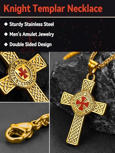 FaithHeart Knights Templar Necklace for Men, Christian Necklace for Men Stainless Steel Pendant Neckalces Christian Gifts with Gift Box - color: 05. Cross-Gold(Custom)