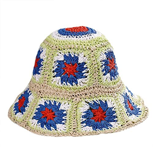 Women Straw Sun Hat Floral Woven Crochet Bucket Hat Y2k Aesthetic Accessories Beach Hat Hand Woven Boho Foldable Cap - color: Navy