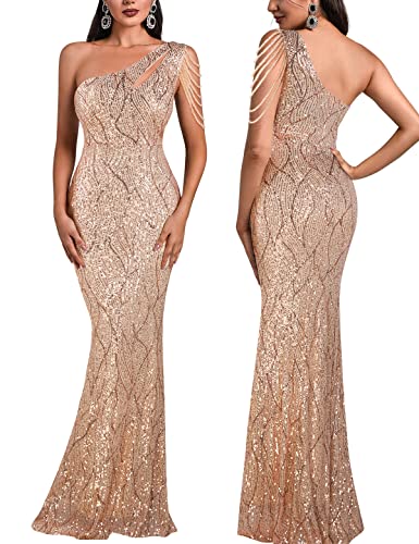 Women One Shoulder 1920s Plus Size Formal Dress Tassels Sleeve Sequins Gatsby Maxi Evening Gown - color: A-gold, size: Small