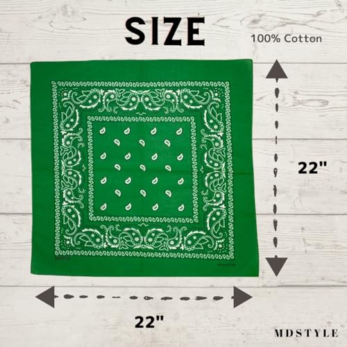 MDSTYLE 6 Pack 100% Cotton Bandanas 22” x 22" for Men & Women Paisley Handkerchief Headband Scarf Bandana - color: Green