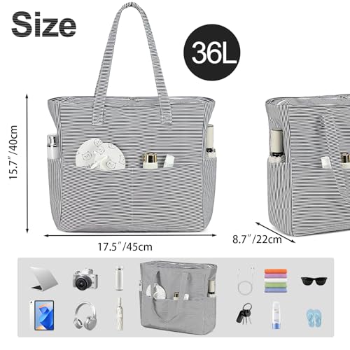 Bluboon Waterproof Beach Tote Pool Bags for Women Ladies Extra Large Carry On Bag With Wet Compartment for Weekender Travel - color: Black White Fine Stripes