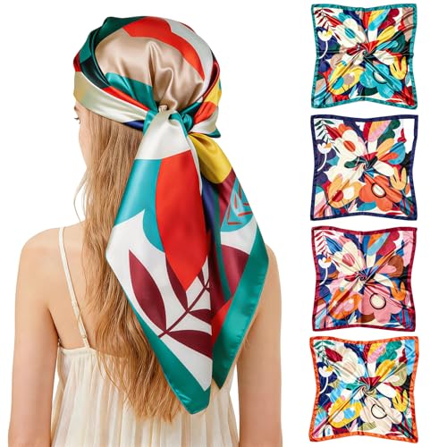 Ciormis 35" Silk Head Scarf for Women, 4 Pcs Satin Hair Scarf Square Silk Bandana Top Neck Scarves Hair Wraps for Sleeping - color: G2-printing Flower-set25