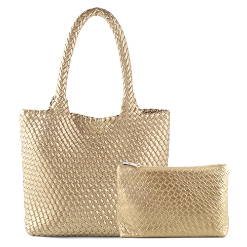 Hand Woven Bag Tote BagS For Women Top Handle Shoulder Vegan Leather Large Travel Beach Hobo Handbag - color: Gold