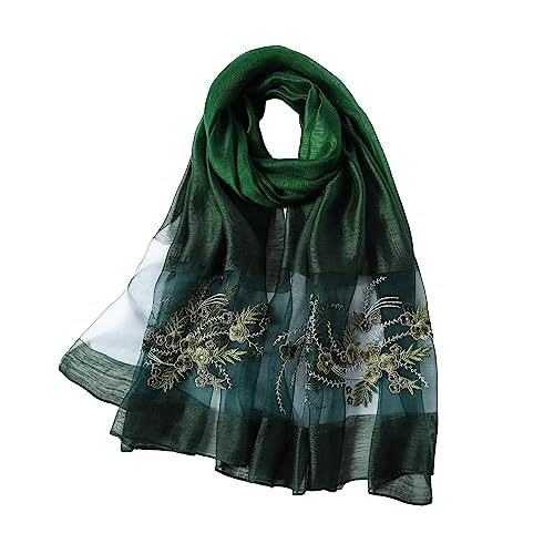 WINCESS YU Women Mulberry Silk Scarf Long & Large Embroidered Floral Pattern Shawl and Wraps Neckerchief for Hair & Neck - color: Gradient Green