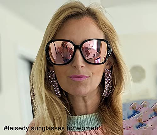 FEISEDY Polarized Women Square Sunglasses Sparkling Composite Shiny Frame B2289 - color: 4 Black/Rose Gold Pink