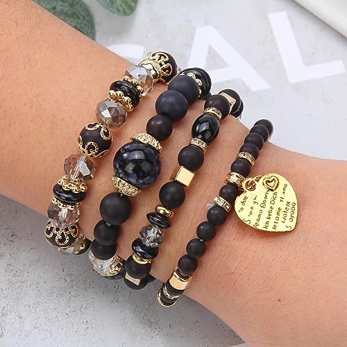 Women Beaded Bracelet Set | Colorful Boho Stackable Trendy Design with Crystal Accents Multilayer Bangle Bracelet | Fashion Stretch Braclets Jewelry for Women - color: Black