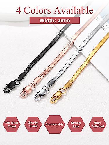 FOCALOOK 14K Gold Plated Necklaces for Women, Fashion Herringbone Choker Necklace Stainless Steel Flat Snake Chain 3/5MM(W) 12.5"/15"/18"+3.5"(L) - color: 3MM-14K Gold-12.5"