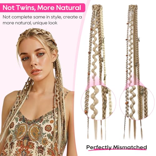 REECHO Clip in Braid Hair Extensions for Women, 20" Boho Dreadlock Clip in Braids with Beads & Charms, 2PCS Handmade Synthetic Braided Hairpieces for Cosplay Daily Styling, Burgundy & White - color: Burgundy & White, size: 20 Inch