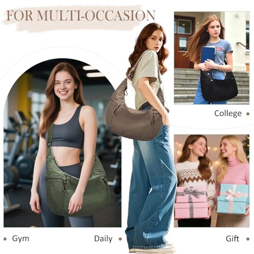 VASCHY Crossbody Crescent Bag for Women, Casual Lightweight Nylon Large Slouchy Hobo Bags Purses for Travel/Gym/Work/College - color: Light Brown