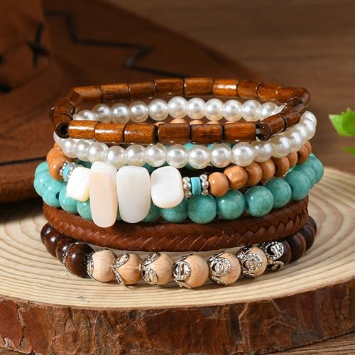 Long tiantian Western Turquoise Beaded Bracelet Set for Women Stackable Cowgirl Bracelets Boho Concho Jewelry Country Concert Rodeo Outfit Accessories Gifts - color: E2:western wooden dress