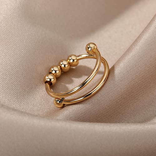 Razered Anxiety Balls Beads Rings for Women Open Adjustable Finger Ring Stainless Steel Rotating Freely Anti Stress Jewelry - color: silver plated