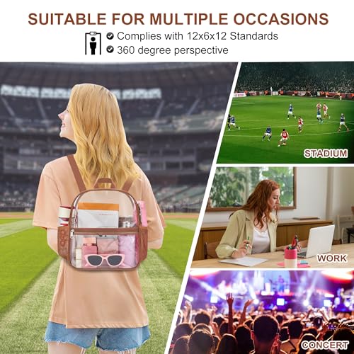 Oraben Clear Backpack Stadium Approved, 12 x 6 x 11 in, Small Transparent Backpack for Concerts, Sports Events, Festivals, Travel, Waterproof PVC, Adjustable Straps, Women Men - color: Coffee Brown, style: Nylon Shoulder Straps