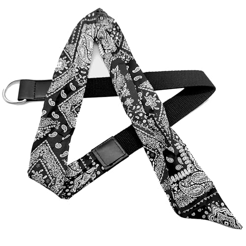 Women Boho Canvas Cowboy Belt Blue Paisley Western Belts with Double D-Ring Buckle 1.5" Wide