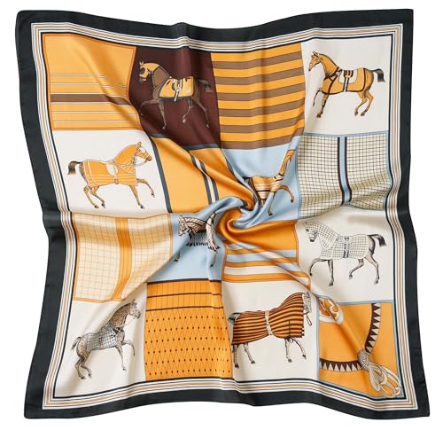 CHUNG Women's Scarf Hair Bandanas Square 27.5" Satin Wrap Fashion Pattern Scarves Emulation Silk Handbag Ribbons Necktie - color: Orange Horse