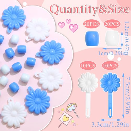 60PCS Hair Beads Blue White Acrylic Pony Bead for Hair Dreadlock Flower Self Hinge Hair Barrettes Cute Braid Beads for Kids Girls 80s 90s Cartoon Plastic Clips Hair Decoration Accessories - color: Blue&White