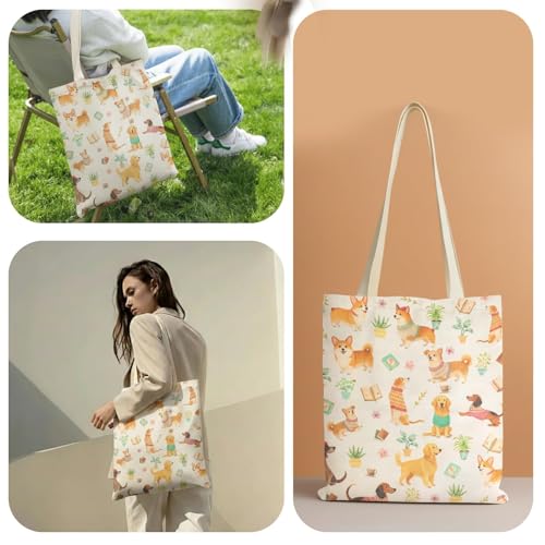1-PACK Reusable Grocery Shopping Bag, Cute Dog Pattern Canvas Tote Bag with Magnetic Snap Closure and Zipper Inner Pocket - color: A2-dog and Book 1 Pack