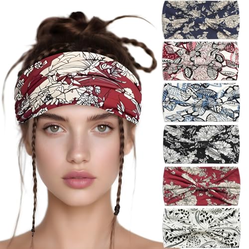 6 Pack Boho Style Women's Headbands, Non slip Fashion Wide Elastic hairband, Daily Sports Yoga Workout Women's Hair Bands,Floral Print,Red and Black - color: Type 5