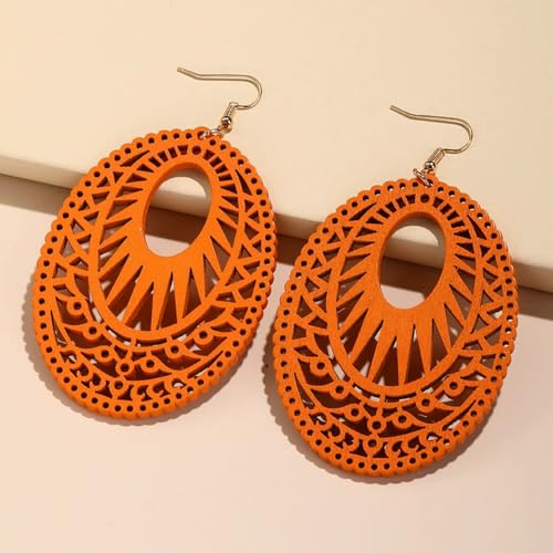 Boho Wooden Cutout Dangle Earrings for Women Bohemian Teardrop Oval Hollow Floral Pattern Drop Earrings Colorful Lightweight Statement Party Jewelry - color: Orange