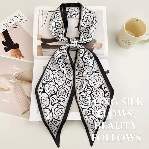 Sumolux Head Hair Scarf for Women Neck Purse Bag Handbags Scarf Like Silk - color: Black White Flowers