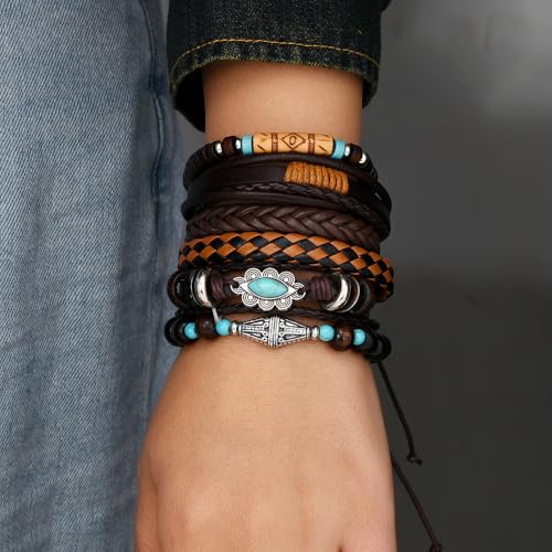 Turquoise Leather Western Bracelets for Women Men Bohemian Retro Turquoise Wrap Bracelets Exquisite Layered Stacked Cowboy Cowgirl Bracelet Western Country Concert Outfits Leather Cuff Bracelet for Women - style: Turquoise