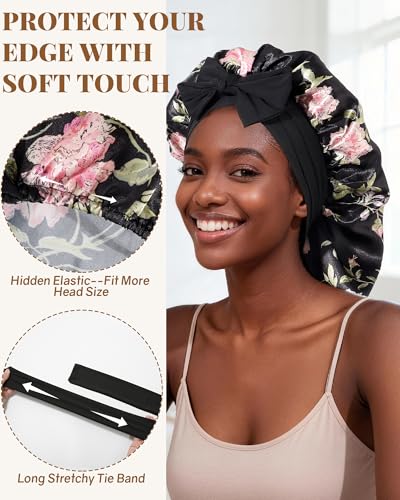 AWAYTR Long Satin Bonnet for Braids - Elastic Silk Hair Bonnets for Sleeping Night Cap Stretchy Tie Band for Women(Wild Rose) - color: Wild Rose