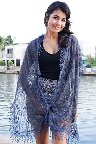 Cindy & Wendy Lightweight Soft Leaf Lace Fringe Scarf Bridal Shawl for Women - color: Navy