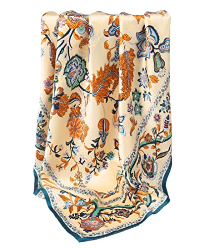 100% Silk Scarves, Extra-Large and XX-Large - color: Beanstalk, Creme With Teal Trim