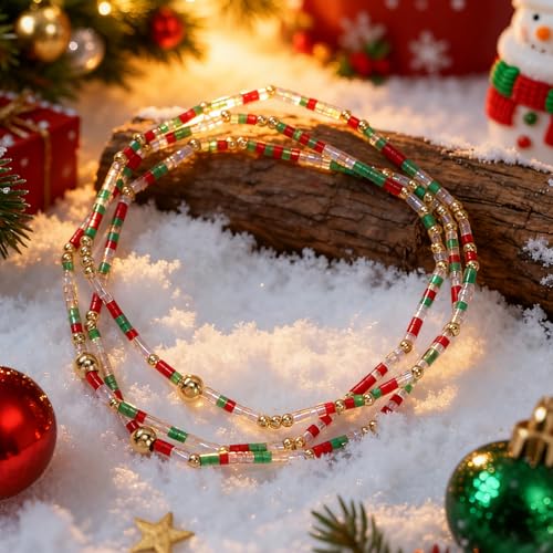 Colorful Beaded Bracelet Stack for Women,3PCS Handmade Bohemian Gold Plated Ball Stretch Stackable Bracelets Set Fashion Jewelry Gift Friendship - color: Christmas